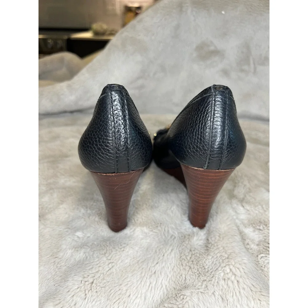 Tory Burch Womens Peep Toe Wedge Heels Logo Medallion Black 7.5